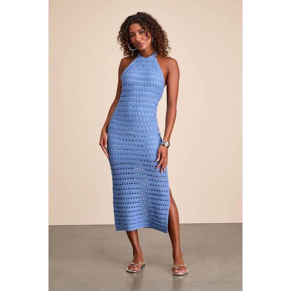Lulus Calabria Periwinkle Blue Crochet Knit Halter Midi Dress - Size M